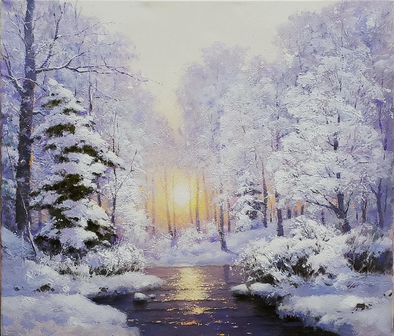 Snowy landscape	Snowy forest art	landscape painting	snowy oil painting	forest oil painting	Winter oil painting	nature oil painting	Winter nature	White tree art	Snow oil paintings	sunrise painting	Winter sunrise	sun in a forest