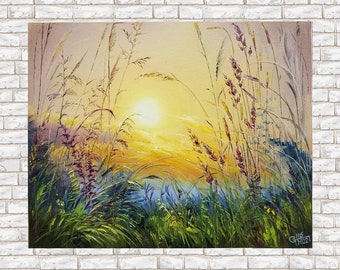 Meadow landscape oil painting original, Wildflowers canvas art, Summer landscape painting, Grassland painting, Sunrise painting Dawn