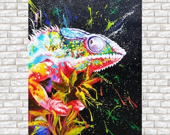 カメレオンの絵画オリジナル、リアルなエキゾチックな野生動物の