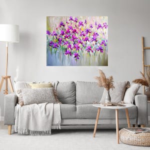 "Iris flower field" is Large colorful abstrac flower oil painting on canvas. 
Iris flower painting, Purple wildflower art, Irises oil painting, Modern floral painting impasto wall art. Stylish wall art decor for bedroom. Bright painting for living room.
