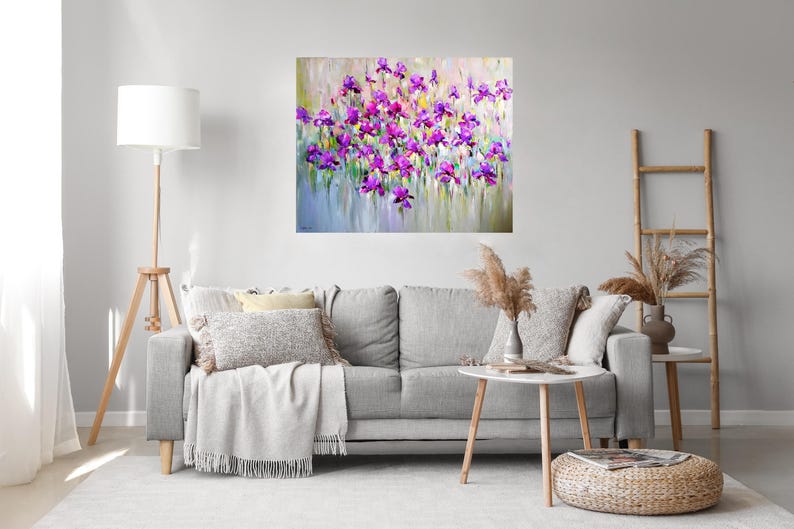 "Iris flower field" is Large colorful abstrac flower oil painting on canvas. 
Iris flower painting, Purple wildflower art, Irises oil painting, Modern floral painting impasto wall art. Stylish wall art decor for bedroom. Bright painting for living room.
