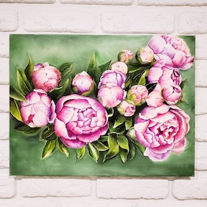 Pink peonies oil painting, Vibrant floral original art, Peony flowers artwork canvas, Peony wall decor, Flower still life original green