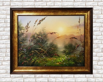 Pintura al óleo de paisaje de pradera grande enmarcada, obras de arte del amanecer, arte de lienzo de campo de flores silvestres, paisaje de pradera, lienzo de arte de pared Calming Sunset