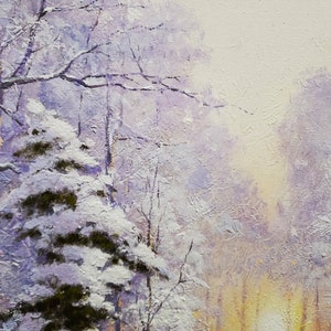 Pintura de paisaje de bosque nevado original, pintura al óleo de naturaleza invernal, lienzo de arte de árbol blanco, pinturas al óleo de nieve, pintura de amanecer de invierno imagen 4