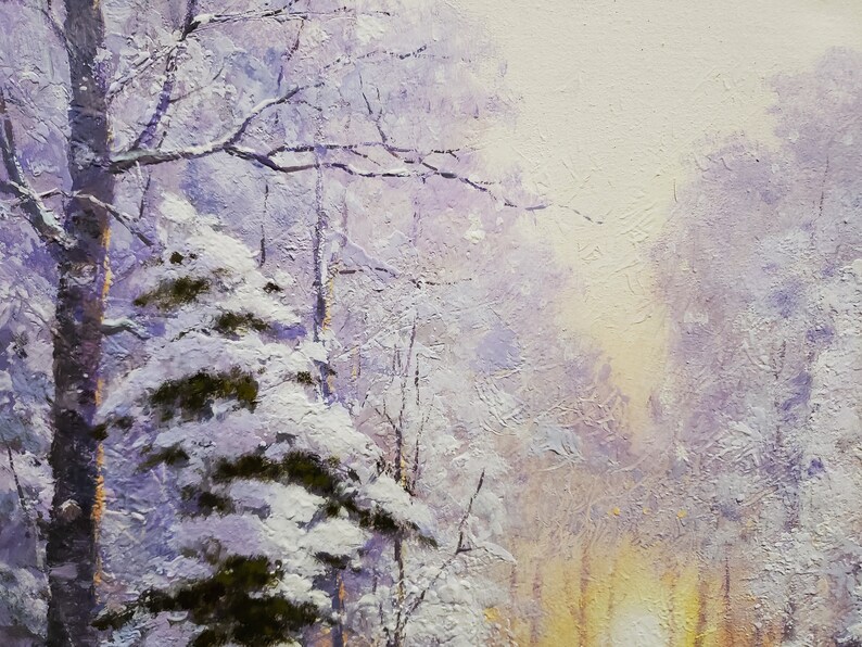 Pintura de paisaje de bosque nevado original, pintura al óleo de naturaleza invernal, lienzo de arte de árbol blanco, pinturas al óleo de nieve, pintura de amanecer de invierno imagen 4