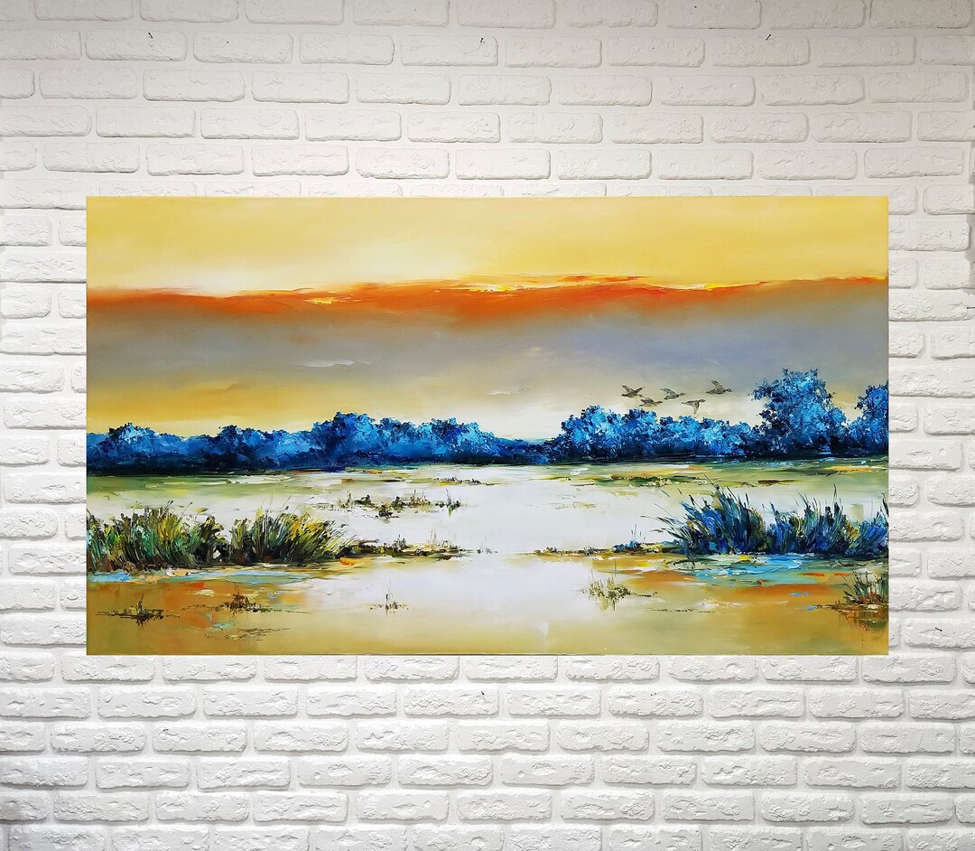 Large Sunset Painting Oil Landscape, Orange Sunset on the Lake Art ...