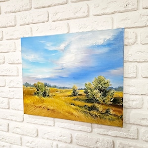 Original nature landscape art, Clouds painting, Wheat field painting of farm, country landscape canvas, Countryside painting of field 16x20