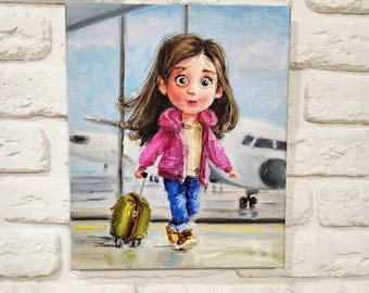 Travel painting original small art, Traveler gifts Airport terminal scene wall art Aircraft drawings Airplane painting Girl oil painting