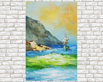 Sailing painting impasto, Sailboat oil painting vertical, Ship painting original, Boat artwork unique, Coastal painting on canvas nautical