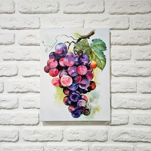 Grape oil painting, Grape wall art, Canvas fruit oil still life painting, grape branch art, Snail painting, Original still life with fruits