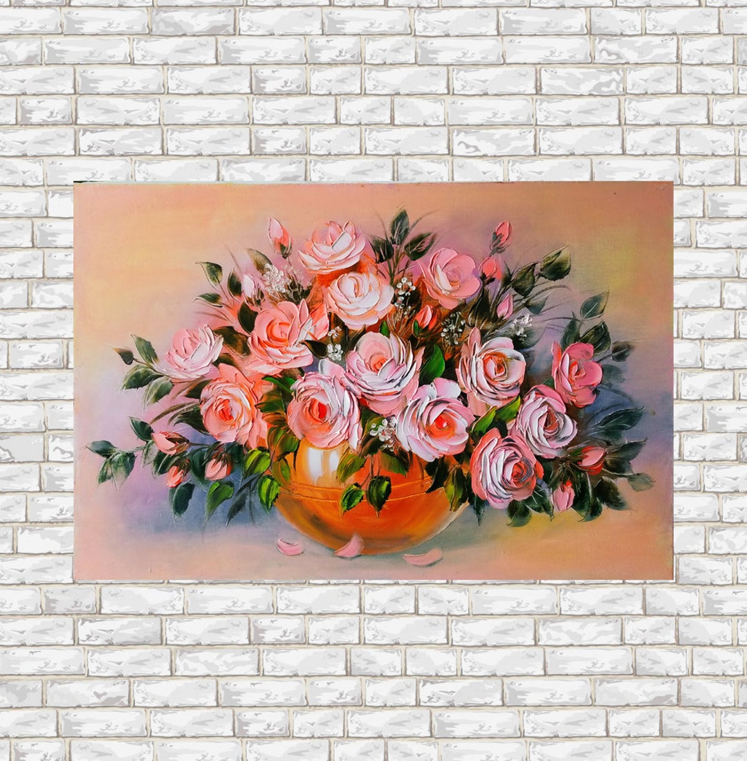 Pink Roses Painting Original, Impasto Flower Painting, Bright Floral Acrylic Painting, Bright