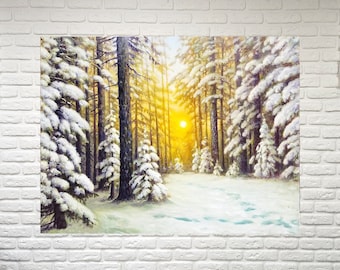 冬のキャンバスアート油絵 森のアートワーク レオニード・アフレモフ作