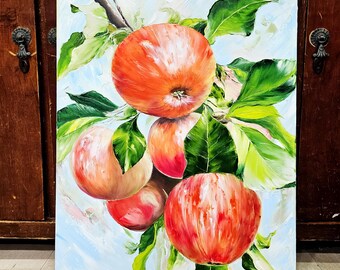 小さな油絵、オリジナルアート作品、リンゴの油絵、果物の静物油絵