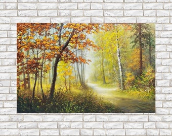 自然油絵オリジナル秋の絵画森の道キャンバス壁アート田舎の絵画ベッド