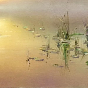 May include: A painting of a still life scene with a pond and lily pads. The water is a light yellow color and the lily pads are green. The background is a soft, hazy blue.