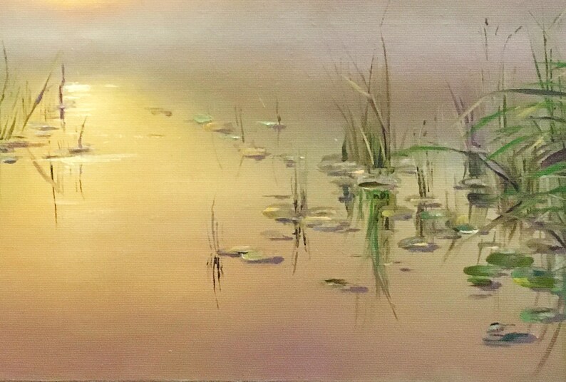 May include: A painting of a still life scene with a pond and lily pads. The water is a light yellow color and the lily pads are green. The background is a soft, hazy blue.