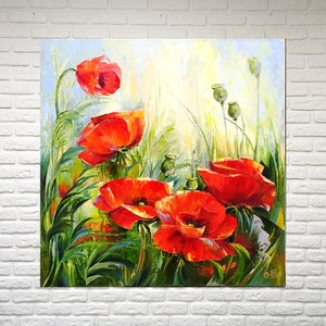 Meadow painting poppy, Flower painting, Floral original art, Red poppy painting landscape original, Poppies oil painting Wildflowers artwork