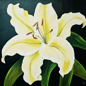 Square large floral oil painting, Lily flowers art painting artwork, lilies oil painting