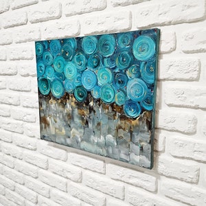 Small geometric abstract art, Modern floral painting, Contrast art, Textured blue flower painting, Sphere wall art, Blue gray artwork canvas