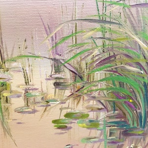 May include: A painting of a pond with green reeds and lily pads. The water is a light pink color and the reeds are a mix of green, purple, and yellow.