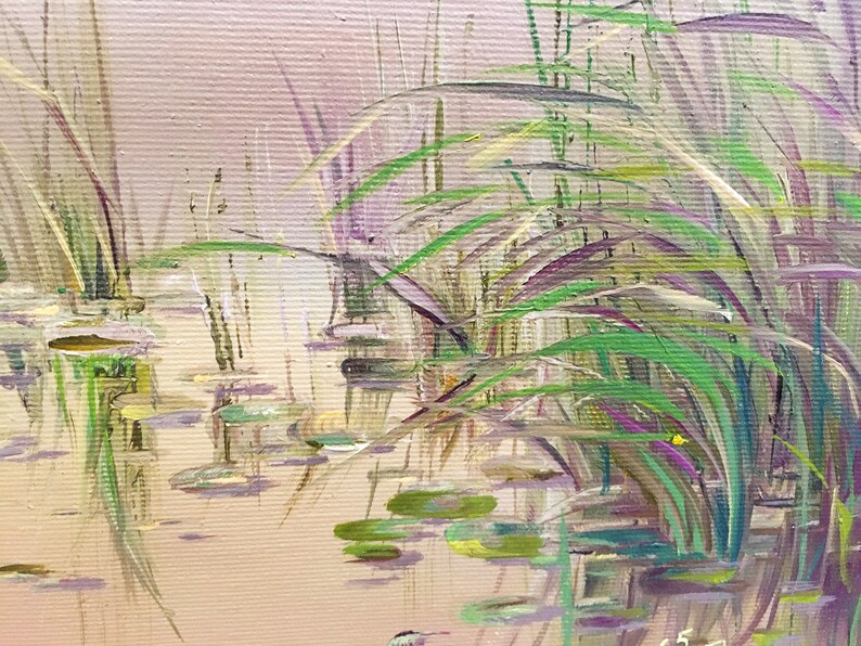 May include: A painting of a pond with green reeds and lily pads. The water is a light pink color and the reeds are a mix of green, purple, and yellow.