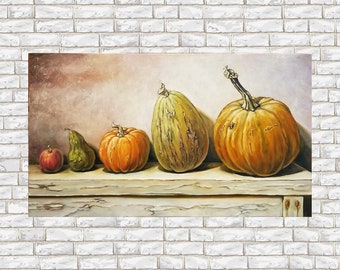 Pumpkin oil painting, Fall original painting, Food still life painting, Autumn still life, Vegetables wall art, Countryside painting