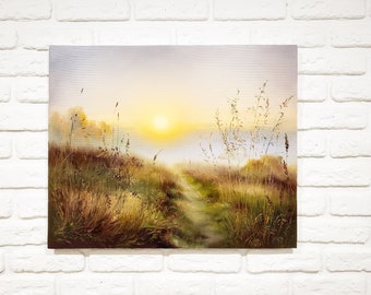 May include: A painting of a field with tall grass and a path leading to a distant sun rising over a misty landscape. The colors are muted and warm, with shades of brown, green, and yellow.