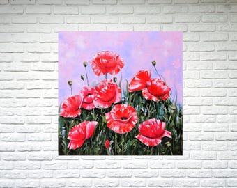 Poppies original painting floral pink, Red poppy oil painting of flowers, Original wildflower oil painting of poppies on canvas poppy art