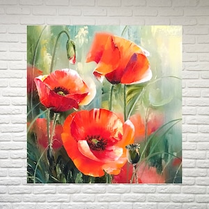 赤いポピーの絵画 手描きの野生の花畑の壁アート キャンバスに