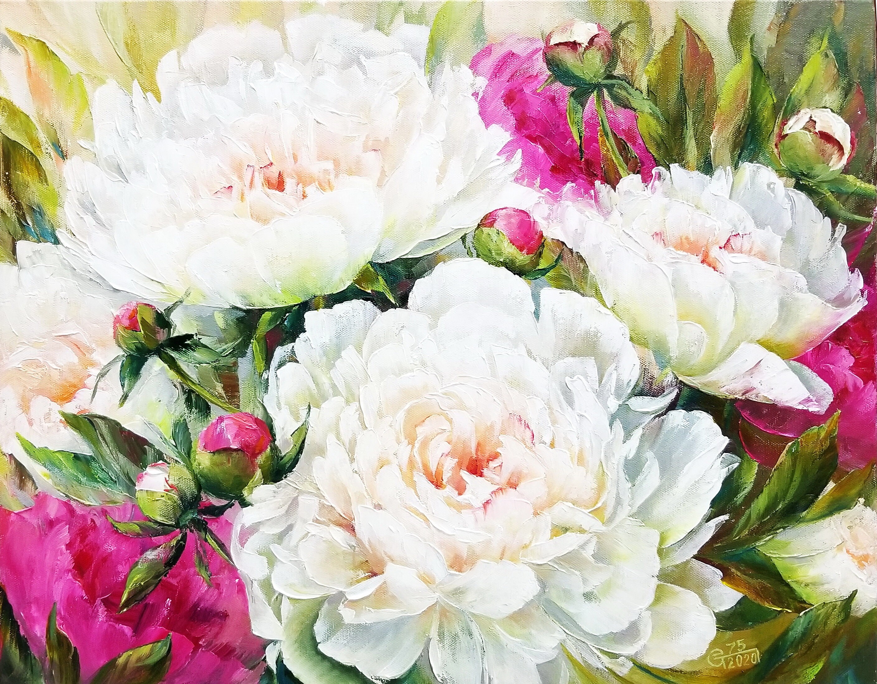 White Peony Painting Original, Flowers Canvas Painting, Peony Flower ...