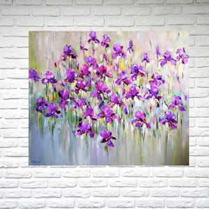 "Iris flower field" is Large colorful abstrac flower oil painting on canvas. 
Iris flower painting, Purple wildflower art, Irises oil painting, Modern floral painting impasto wall art. Stylish wall art decor for bedroom. Bright painting for living room.