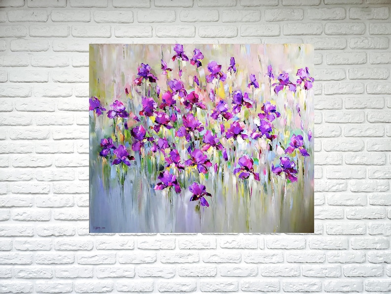 "Iris flower field" is Large colorful abstrac flower oil painting on canvas. 
Iris flower painting, Purple wildflower art, Irises oil painting, Modern floral painting impasto wall art. Stylish wall art decor for bedroom. Bright painting for living room.