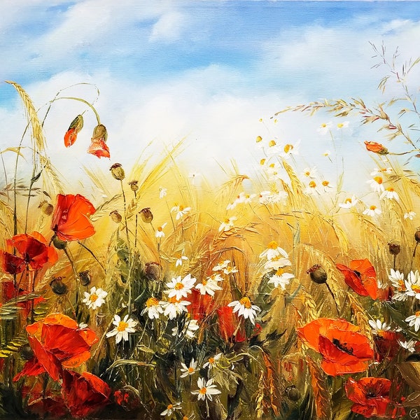 Meadow landscape painting original oil, Field of flowers painting oil canvas, Red poppy painting, Poppies canvas art, Wildflower painting