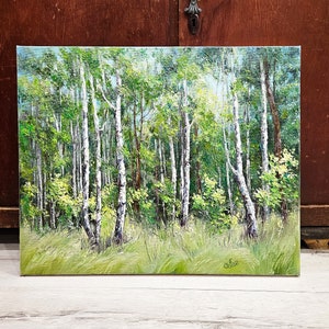 Birch forest landscape painting, Birch tree oil painting Birches painting Green forest woods wall art Summer canvas art Nature artwork 16x20