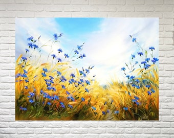 Pintura de paisaje de pradera grande, pintura de aciano, pintura artística original de flores de campo, obra de arte de flores silvestres, pintura de campo de trigo, arte mural