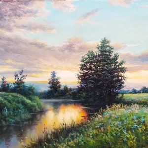 Meadow landscape painting original, Summer landscape oil painting canvas, River landscape oil, Sunset nature paintings on canvas original