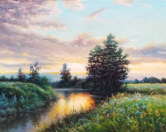 Pintura de paisaje de pradera original, lienzo de pintura al óleo de paisaje de verano, óleo de paisaje de río, pinturas de naturaleza al atardecer sobre lienzo original
