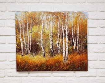 Golden autumn forest landscape painting, Fall trees painting, Birch tree wall art Yellow leaves painting Vibrant oil painting impasto canvas