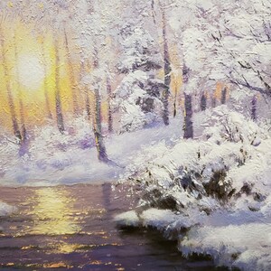 Pintura de paisaje de bosque nevado original, pintura al óleo de naturaleza invernal, lienzo de arte de árbol blanco, pinturas al óleo de nieve, pintura de amanecer de invierno imagen 6