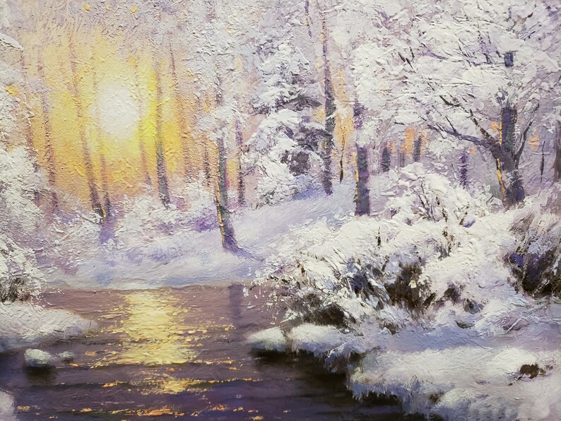 Pintura de paisaje de bosque nevado original, pintura al óleo de naturaleza invernal, lienzo de arte de árbol blanco, pinturas al óleo de nieve, pintura de amanecer de invierno imagen 6