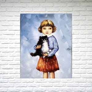 Childhood painting abstract, Little girl and cat art painting Cute paintings cats Girl with cat art Black kitten painting of child