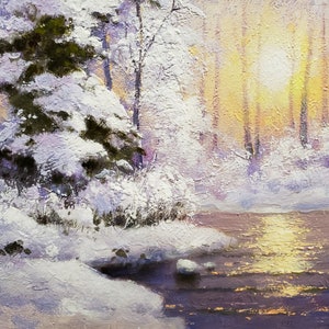 Pintura de paisaje de bosque nevado original, pintura al óleo de naturaleza invernal, lienzo de arte de árbol blanco, pinturas al óleo de nieve, pintura de amanecer de invierno imagen 5