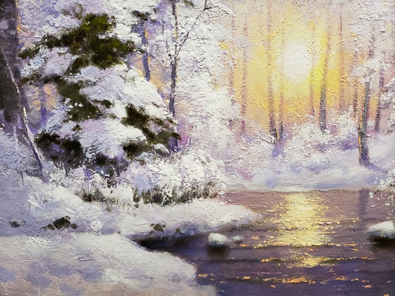 Pintura de paisaje de bosque nevado original, pintura al óleo de naturaleza invernal, lienzo de arte de árbol blanco, pinturas al óleo de nieve, pintura de amanecer de invierno imagen 5