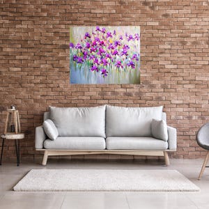 "Iris flower field" is Large colorful abstrac flower oil painting on canvas. 
Iris flower painting, Purple wildflower art, Irises oil painting, Modern floral painting impasto wall art. Stylish wall art decor for bedroom. Bright painting for living room.