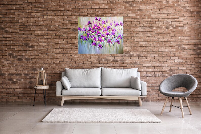 "Iris flower field" is Large colorful abstrac flower oil painting on canvas. 
Iris flower painting, Purple wildflower art, Irises oil painting, Modern floral painting impasto wall art. Stylish wall art decor for bedroom. Bright painting for living room.