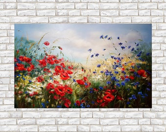 Meadow landscape painting on canvas, Red poppies painting original, Wheat field oil painting, poppy canvas art landscape large painting
