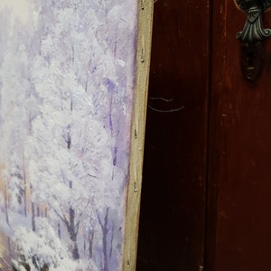 Pintura de paisaje de bosque nevado original, pintura al óleo de naturaleza invernal, lienzo de arte de árbol blanco, pinturas al óleo de nieve, pintura de amanecer de invierno imagen 9