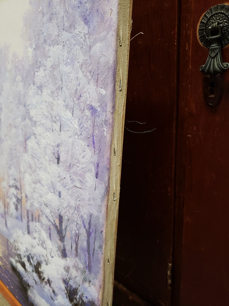 Pintura de paisaje de bosque nevado original, pintura al óleo de naturaleza invernal, lienzo de arte de árbol blanco, pinturas al óleo de nieve, pintura de amanecer de invierno imagen 9