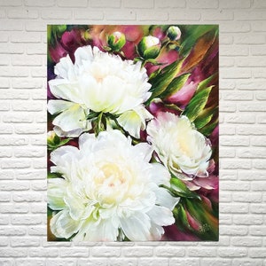 White peonies oil painting Large flower art on canvas Floral wall art canvas Peony flowers painting peony artwork pictures flower lover gift