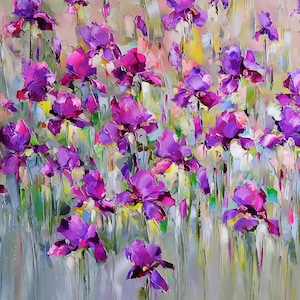 Large abstrac flower oil painting, Iris flower painting, Purple wildflower art, Irises oil painting, Modern floral painting impasto wall art